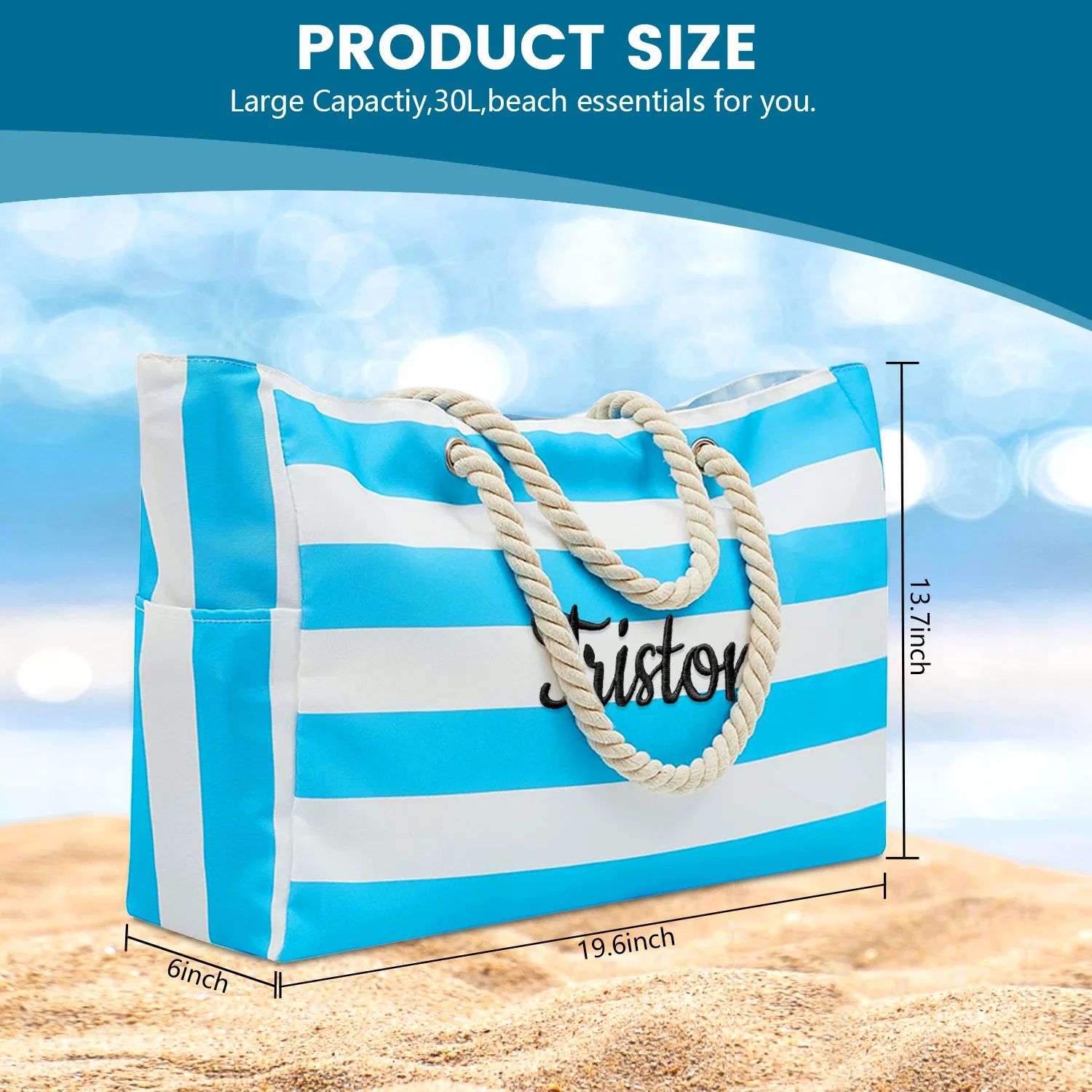 Custom Embroidered Striped Beach Tote Bag, Large Capacity Travel Handbag, Cotton Rope Handle Portable Camping Shoulder Bag
