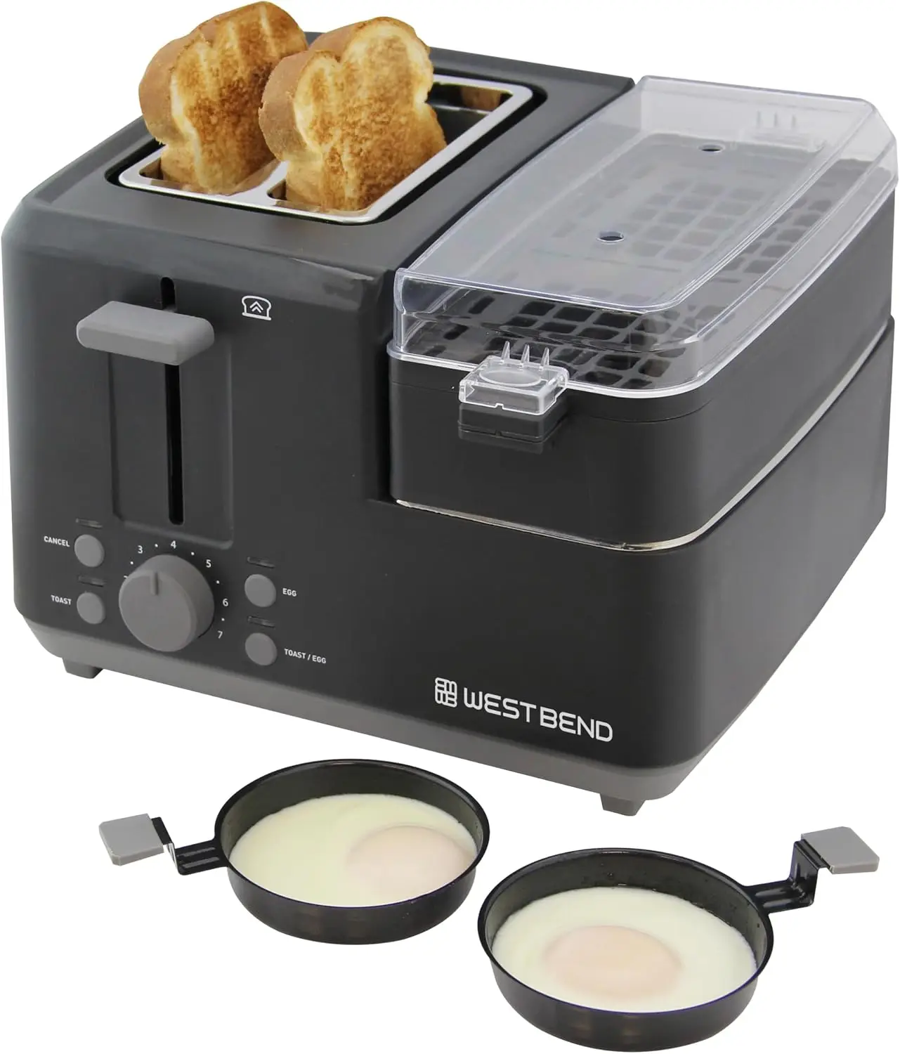 2-Slice Toaster and Egg Cooker/Poacher with Removable Warming Tray for Pre-Cooked Meat and Vegetables, 1200 Watts, Black, Perfect for Breakfast Sandwiches