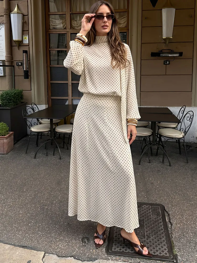 HH Women Polka Dot 2 Piece Sets Long Sleeve Bow Tie Shirt Turtleneck Blouse High Waist Midi Skirts Casual Vacation Beach Outfits