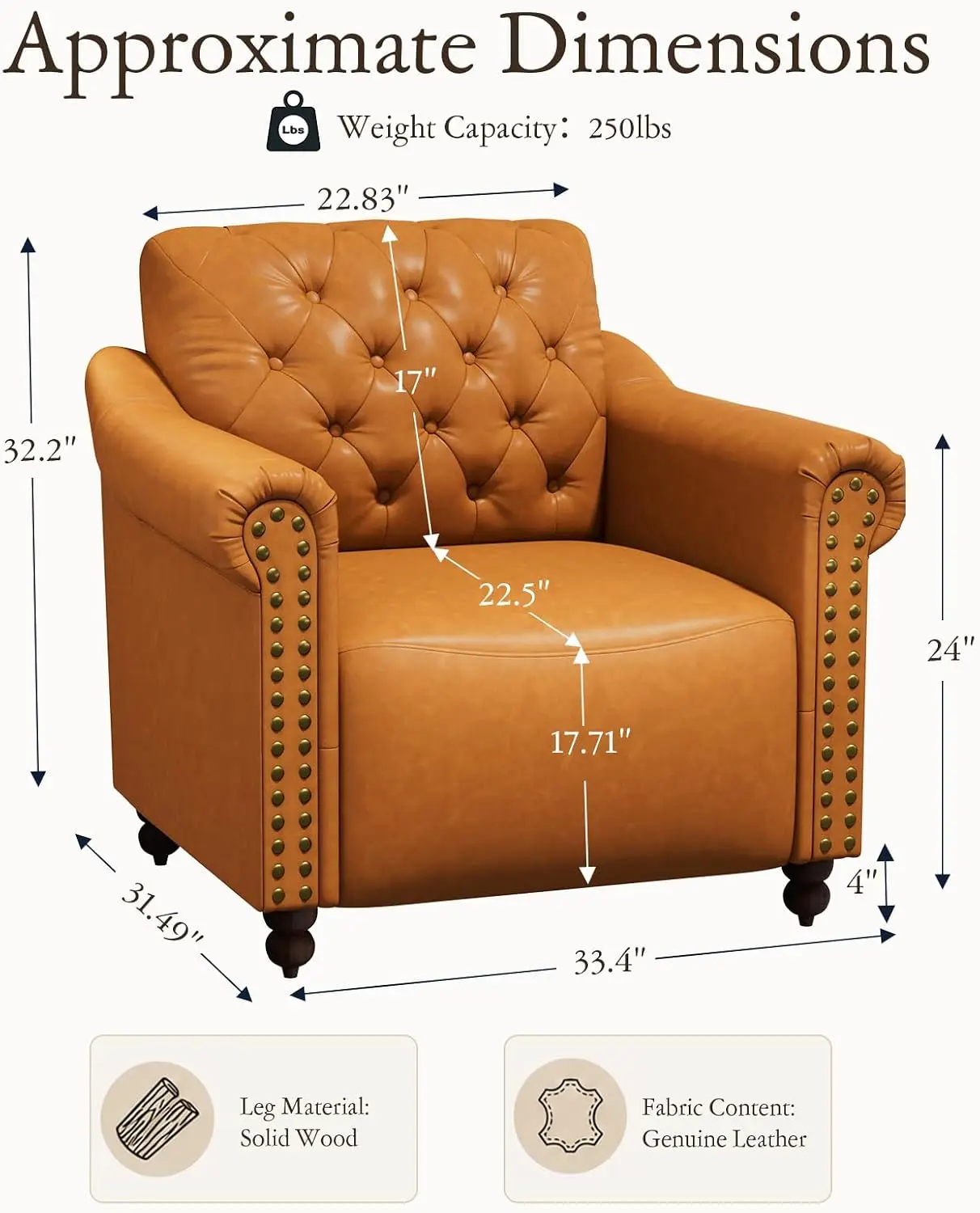 Faux Leather Chair, Chesterfield Chair with Nailhead Trim, Cognac Tan / Brown