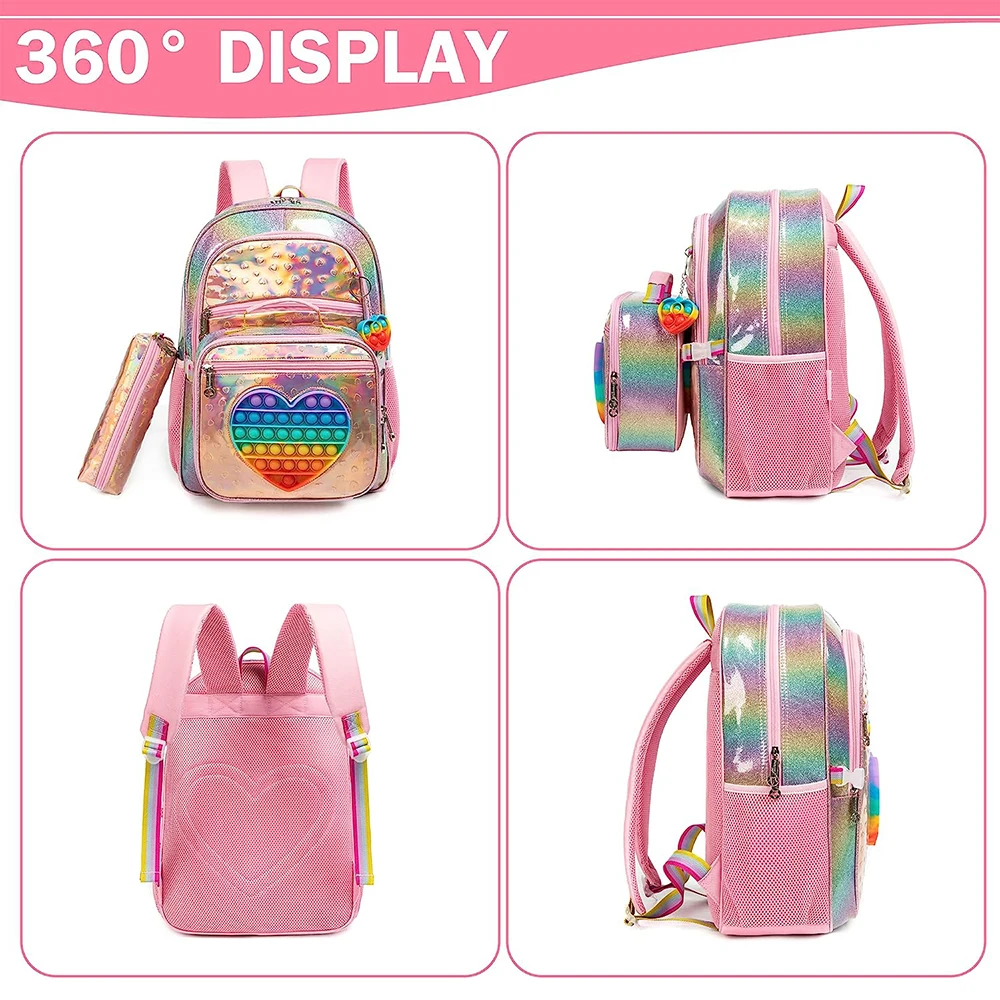 3PCS Nowy plecak szkolny dla dziewczynek Cute Love mochilas for Elementary School Bags with Lunch Box Kids Pink Backpack Set for Girls