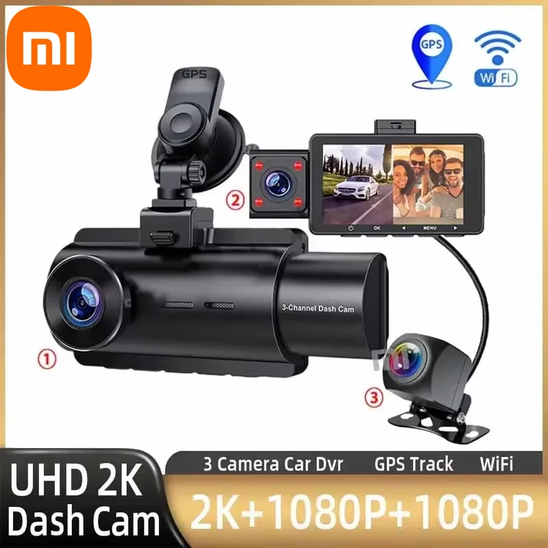 Xiaomi 3 Channel Dash Cam Front Inside Rear 3 Way Car Dash Camera Dual Channel With GPS WiFi IR Night Vision Camcorder