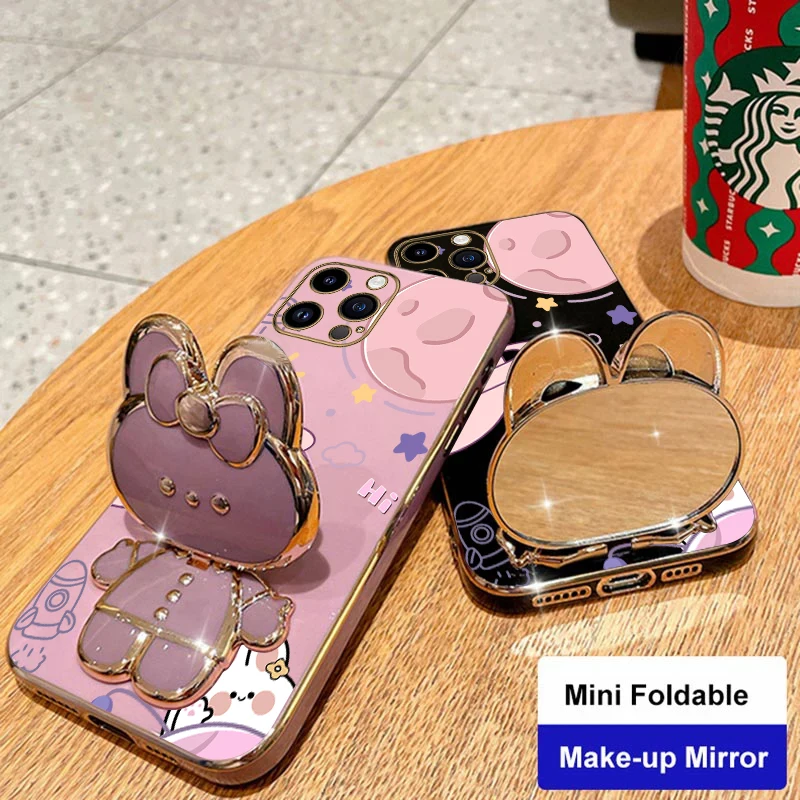 Planet Mirror Rabbit Phone Holder Case On For iPhone 14 11 12 13 Pro Max Mini 8 7 6 6S Plus 10 X Xr Xs Max SE 14pro 13mini Cover