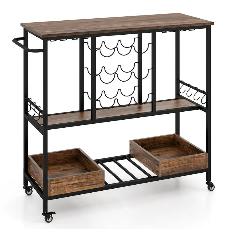 

3 Tiers Bar Cart on Wheels with Glass Racks-Rustic Brown