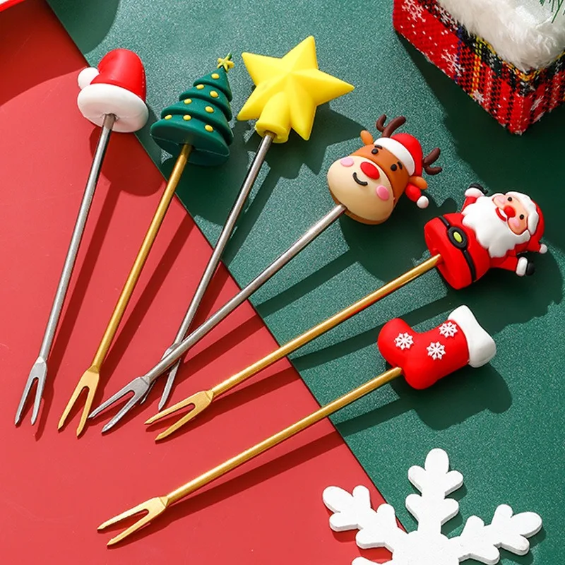 Creative Christmas Stainless Steel Fruit Fork Ins Style Cute Cartoon Series Fork for Holiday Table Decoration  Food Picks