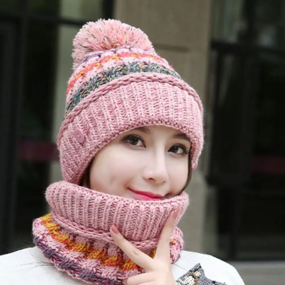 Winter Hat Scarf Set Cozy Winter Accessories Set Knitting Hat Scarf Face Guard with Plush Lining Furry Ball Decor Stay Warm