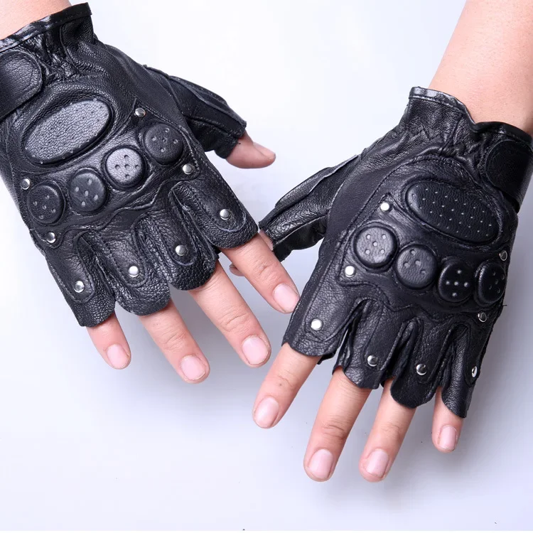 

Half Finger Cycling Motocycle Breathable Mitten Gym Fitness Workout Gloves Rivets Black Leather Glove for Motorbike Driving