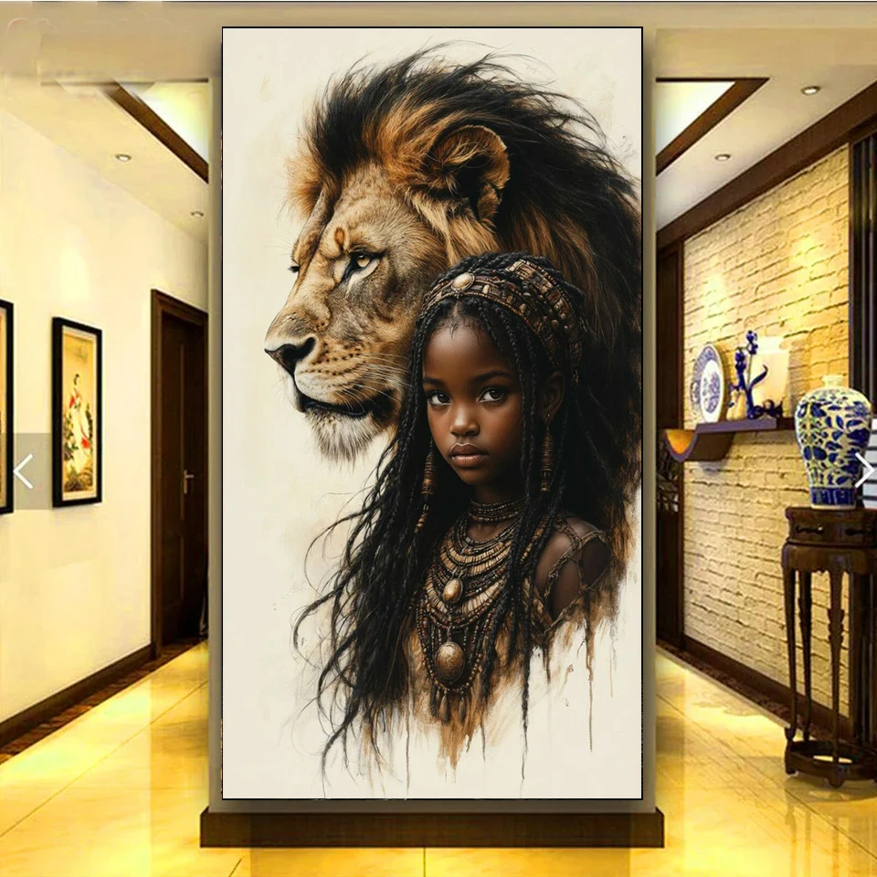 

Африканская племенная девушка с львом, 5D алмазная вышивка, набор для творчества с квадратными и круглыми стразами, мозаика, декор для дома, подарок