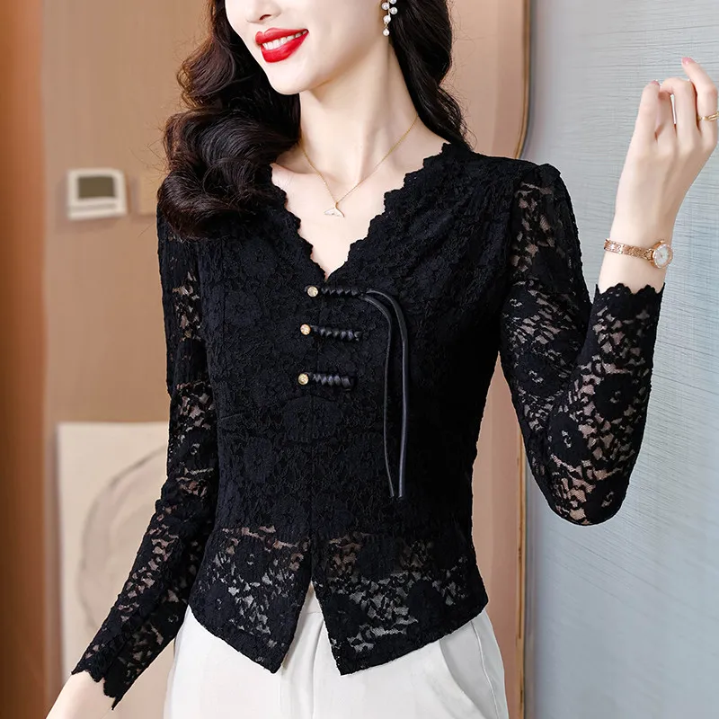 2026 Spring Fall Women Slim V Neck Ruffles Vintage Wine Red Black Lace Top Shirt , Placket Tops Shirts for Woman Clothes