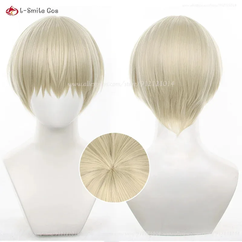 

Парик для косплея аниме Ren Kaji, 30 см, короткие льняные золотые парики, термостойкие синтетические волосы, костюмы на Хэллоуин, парик для женщин и мужчин