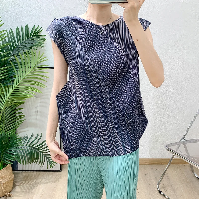 Counter Quality Summer Miyake Pleated Hand-embroidered Pleated Soft Fabric Casual Versatile Printed Top T-shirt