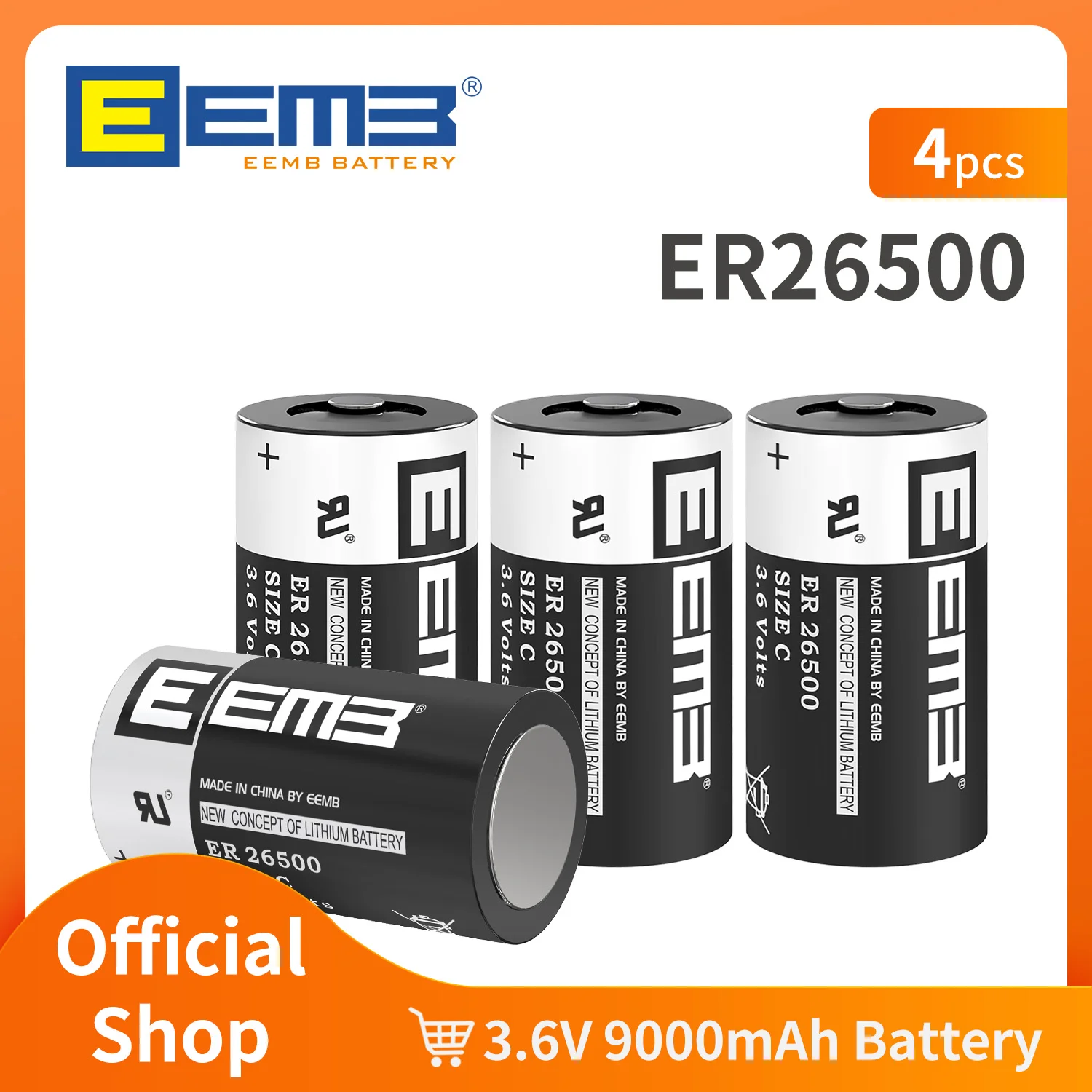 EEMB 4PCS ER26500 C Size Battery 3.6V Lithium Batteries 9000mAh PLC Battery Non-rechargeable for Water Meter Sensor Monitor