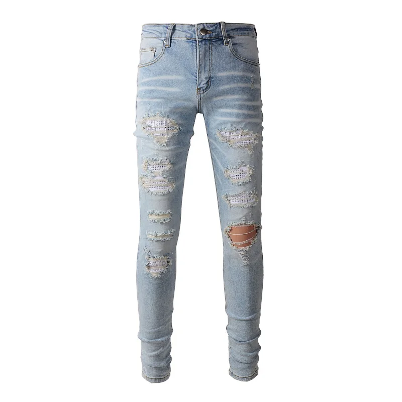 

Classic Blue High Street Holes Transparent Crystals Patchwork Stretch Slim Fit Rhinestones Patches Distressed Ripped Jeans Men