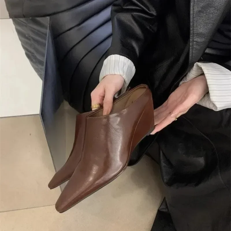 2024European American Baotou Half Women\'s Soft Leather Slope Heel High  Cool Fashion Outwear Thick  Lazy Muller Shoes