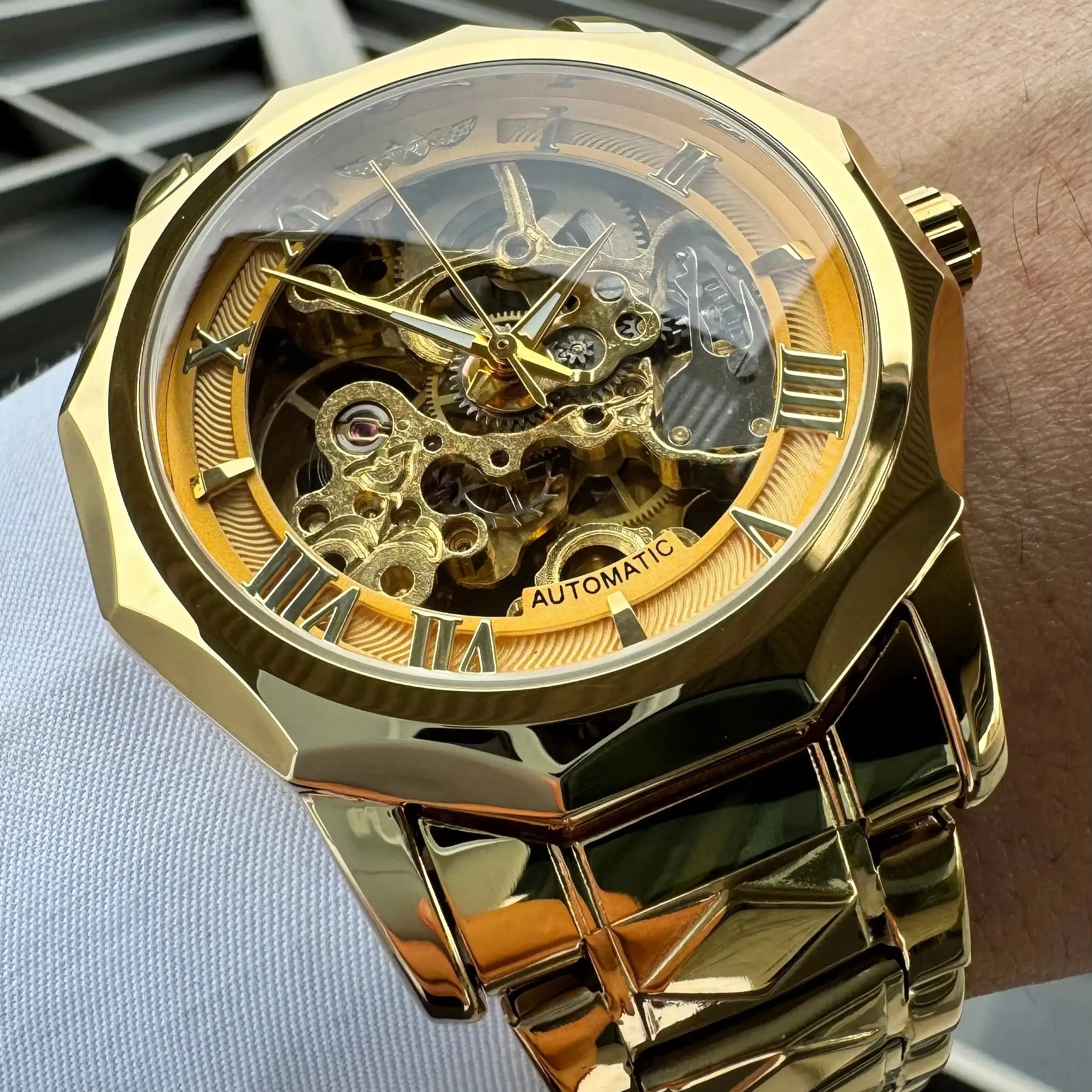 WINNER Royal Skeleton Mechanical Watch for Men Gold Luxury Automatic Watches Stainless Steel Strap Fashion Mens Wristwatches New