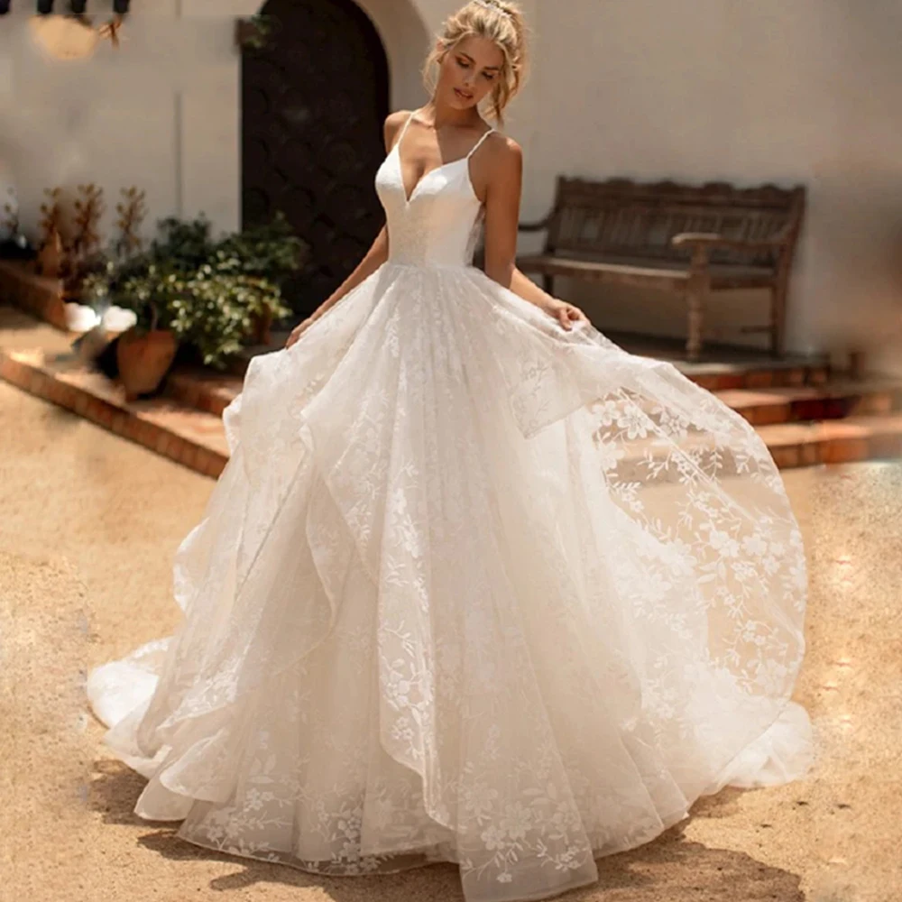 

Modern V-neck Lace Wedding Dresses Sexy Backless Princess Bride Dresses Bridal Gowns For Women Customize To Measures Robe Marie