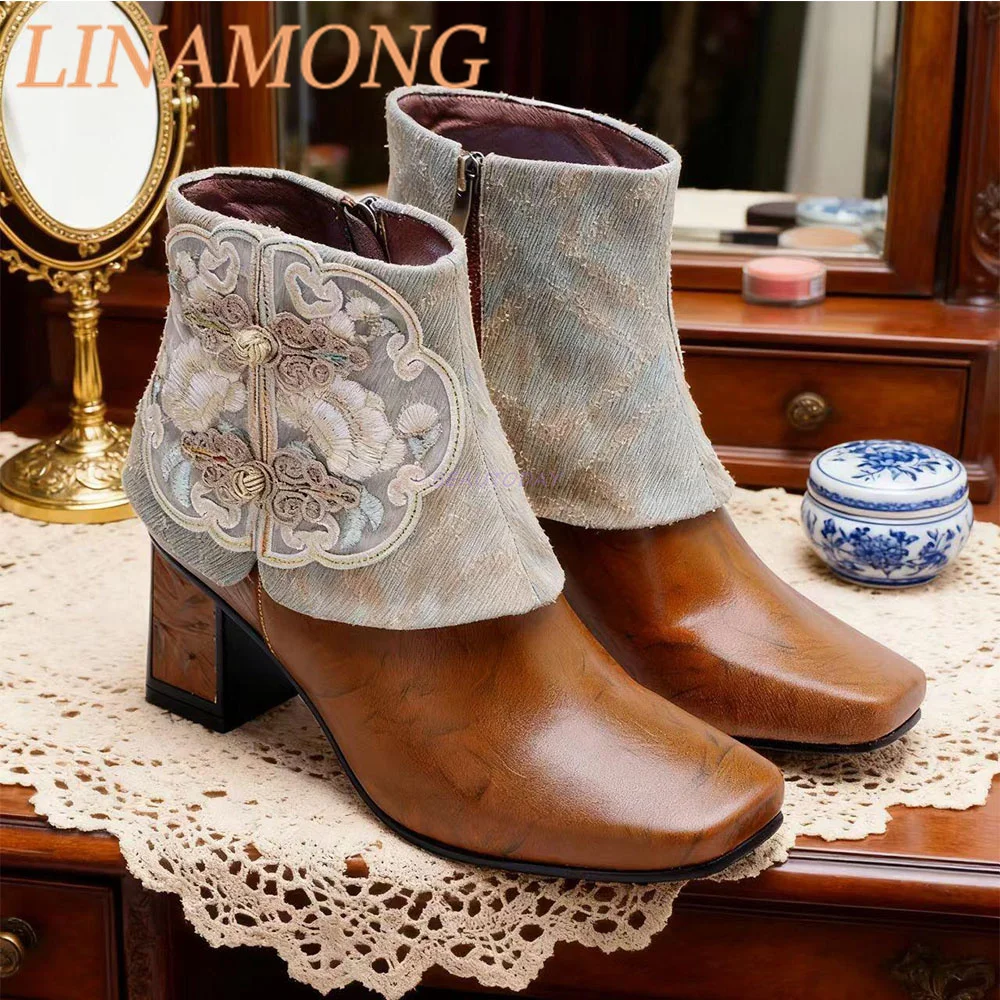 

Fangtou Chinese Style Short Boots Leather Fabric Splicing Color Wiping Side Zipper Buckle Design Thick High Heels Short Boots
