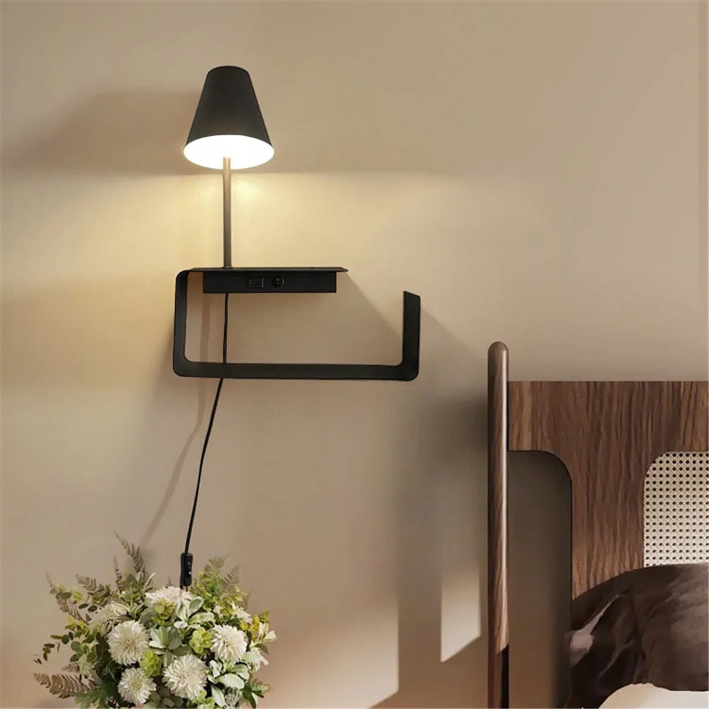 

Creative Iron Art Storage Rack Shelf Led Wall Lamp With Plug Wire Mobile Charge Study Bedroom Bedside Sofa Reading Night Light