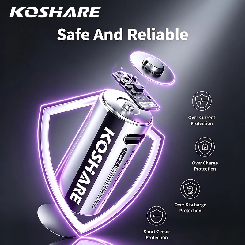 KOSHARE Type-C Rechargeable Batteries 3V CR123A 2100mWh High Capacity Lithium Battery Long-lasting For Flashlight Smoke Detector
