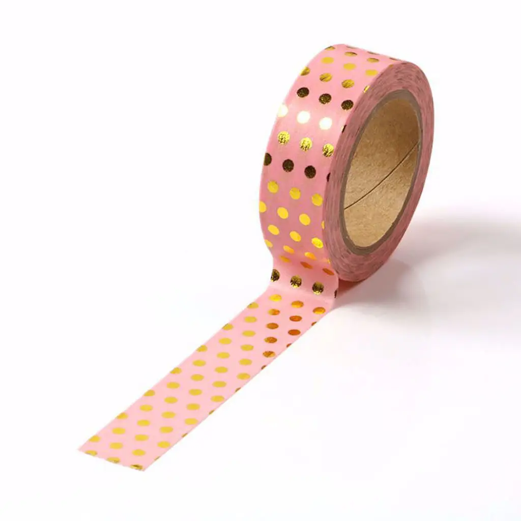 15mmx10m Superior Beautiful Bright Pink Washi Tape With Gold Foil Polka Dot Pattern Scrapbooking School Stationery Masking Tape