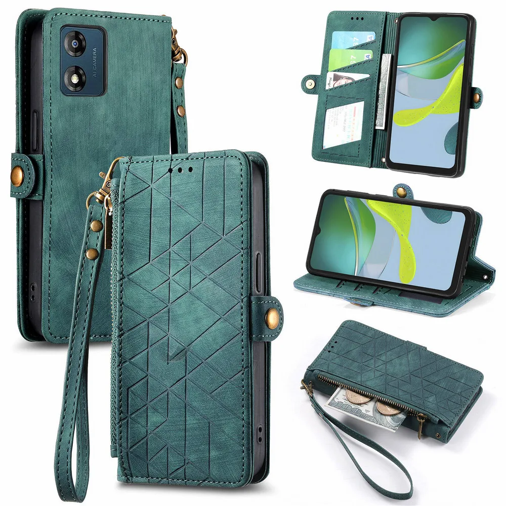 

For Motorola Moto E14 2024 Flip Case Luxury Zipper Wallet Leather Book Funda Moto E13 E32 E32S E22i E22 E20 E30 E40 E 14 Cover