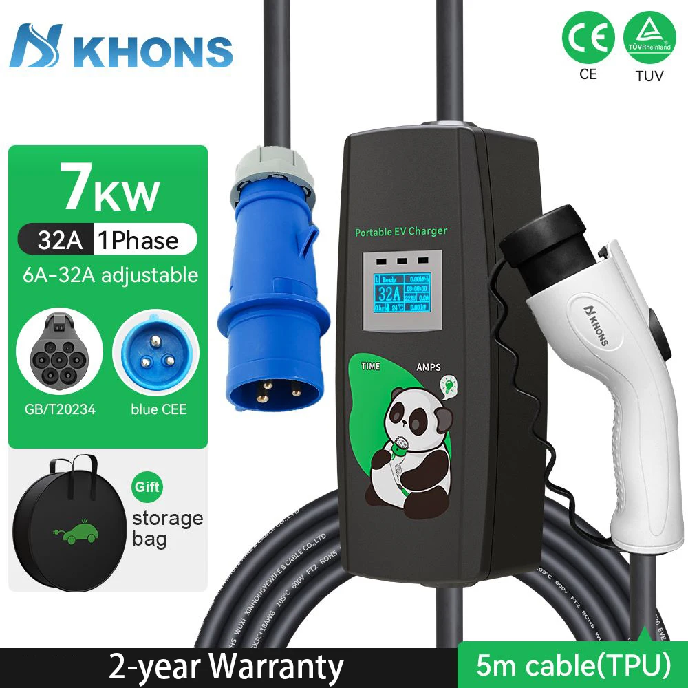 Cargador Khons Ev GBT 7KW cargador EV portátil 32A monofásico para vehículo eléctrico Wallbox 5m Cable TPU para coche eléctrico