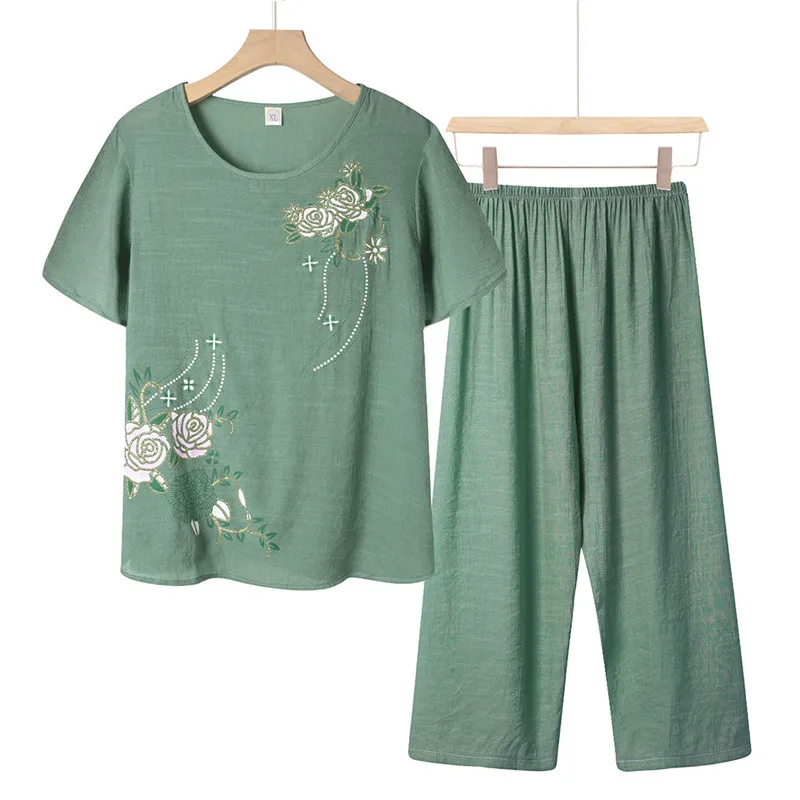 Middle Aged Women Summer Cotton Linen Short Sleeve Two Piece Set Summer Ladies Pajamas Top + Pants Two-Piece Set  Home Service