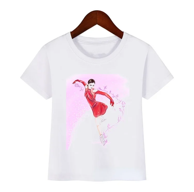 Verão aquarela patinação artística impressão cutetshirt meninos meninas roupas de classe branco t camisa topos