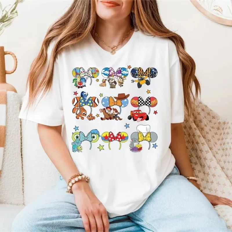 Verão novo bonito mickey criativo impresso camiseta disney feminino novo plus size camiseta y2k retro solto casual manga curta topo