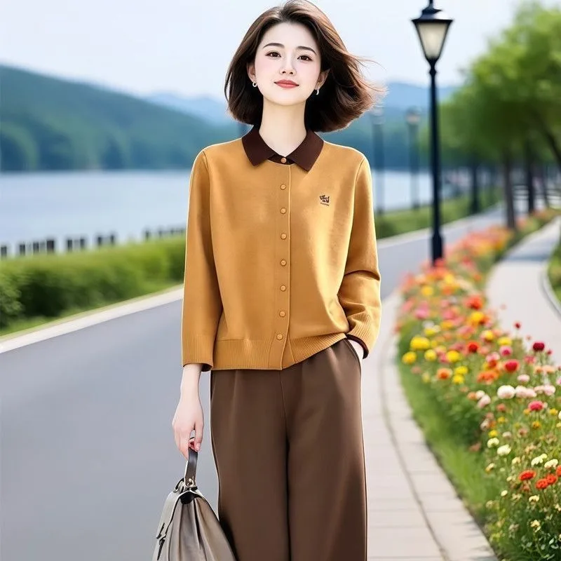 

Contrast Color Sweater Coat Women's Lapel Knitted Cardigan Loose and Versatile Top