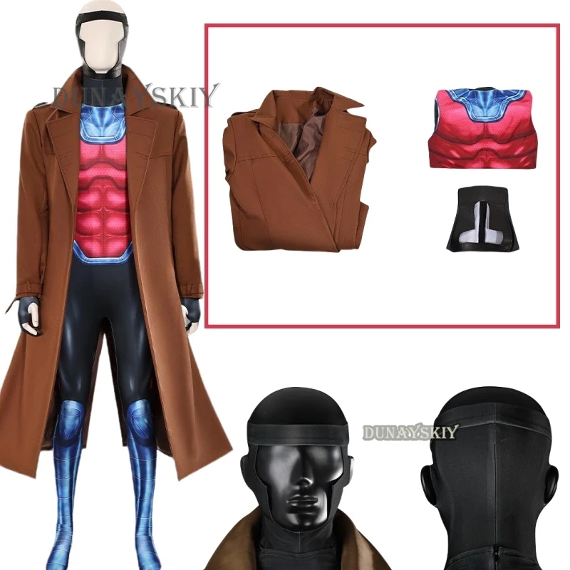 

X-man Gambit Remy Cosplay Costume Men Battle Suit Leather Long Trench Vest Pants Set Superhero Halloween Carnival Outfits