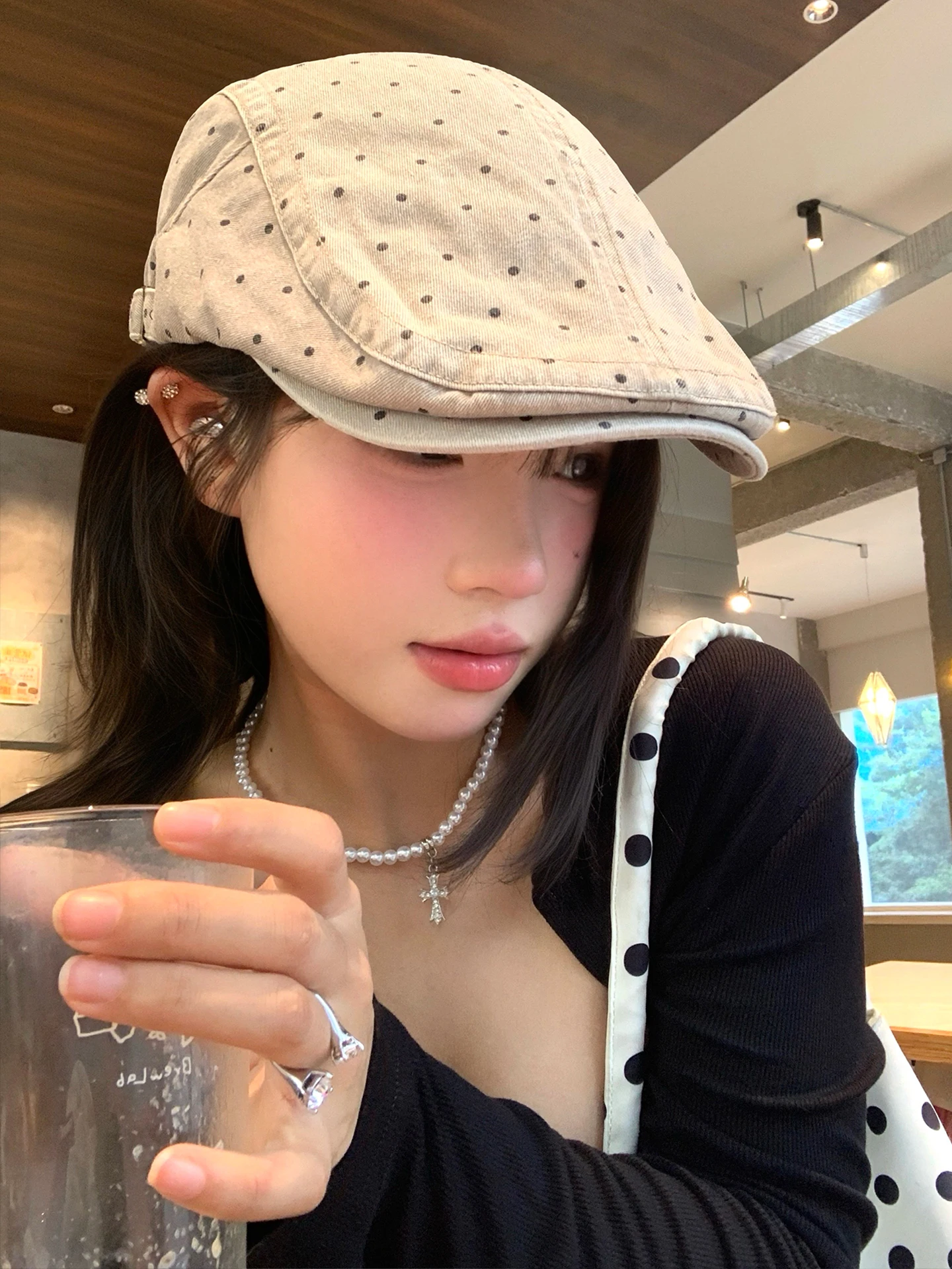 Retro Washed Denim Beret Hat Women Summer Wide Brim Fashion Face Slimming Versatile Beret Caps Stylish Checkered Patterned