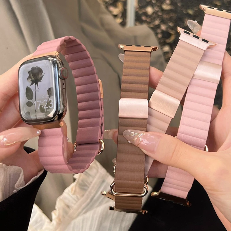 Luxury Magnetic Strap for Apple Watch 10 Ultra Band 46mm 42mm 44mm 40mm 41mm 45mm Women Leather Bracelet iWatch Series 9 8 SE 7