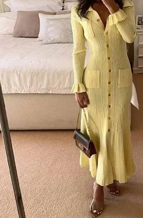 우아한 칼라 싱글 브레스티드 롱 슬리브 드레스 2025 유행 여성 하이웨이스트 드레스