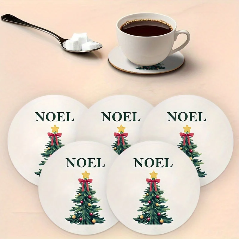 Christmas Pine Tree Motif Clean Style 6PCS 2D Wooden Cup Mat Household Ornament Festive Celebration Seasonal Decor Ideal Present