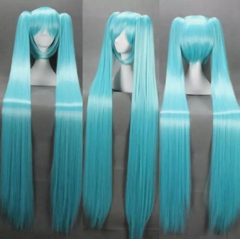 Wig Cosplay Anime ekor kuda ganda biru klip panjang Wig lurus 120cm rambut sintetis