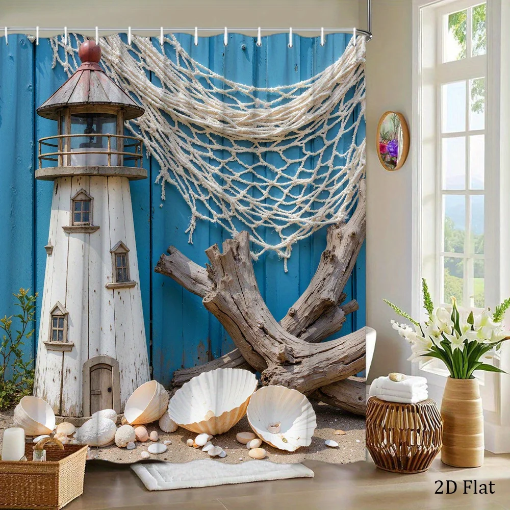 1pc Rustic Nautical Lighthouse Shower Curtain with Driftwood & Seashells - Vintage Beach Print Bathroom Decor, 70.8x70.8 Inch, P