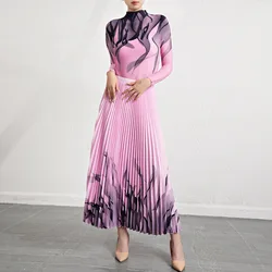 Miyake Elegant Fashion Printed Pleated 2 Pieces Set for Women Turtleneck Slim Tops with High Waist Mid Length Skirts 2024 New