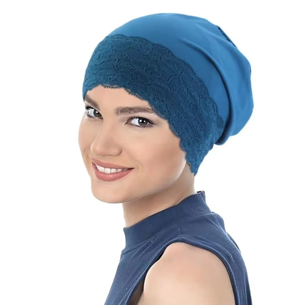 Soft Lace Trim Slouchy Beanie Stretch Fit Breathable Fabric Sleep Cap Lightweight Design Soft Elastic Head Cover Daily Wear