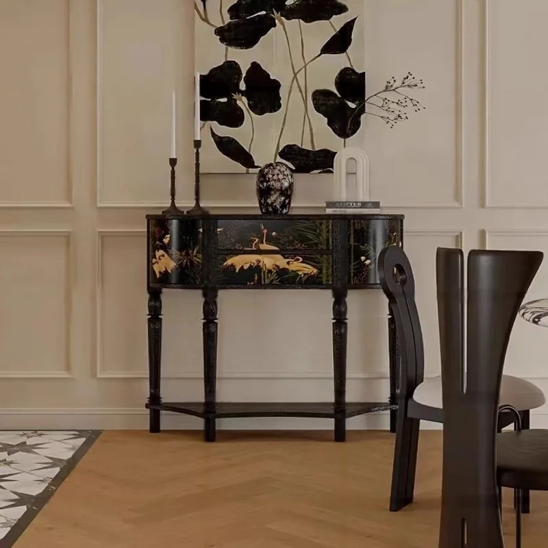 Medieval black painted entrance table French animal pattern foyer display cabinet retro solid wood storage case