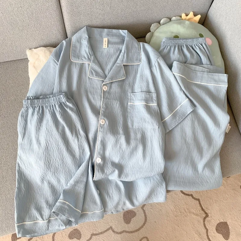 Youth Men's Slim Fit New Pajama 3PC Set Solid Color Short Sleeve Lapel Top and Elastic Pants Pajamas Summer Loungewear Sleepwear