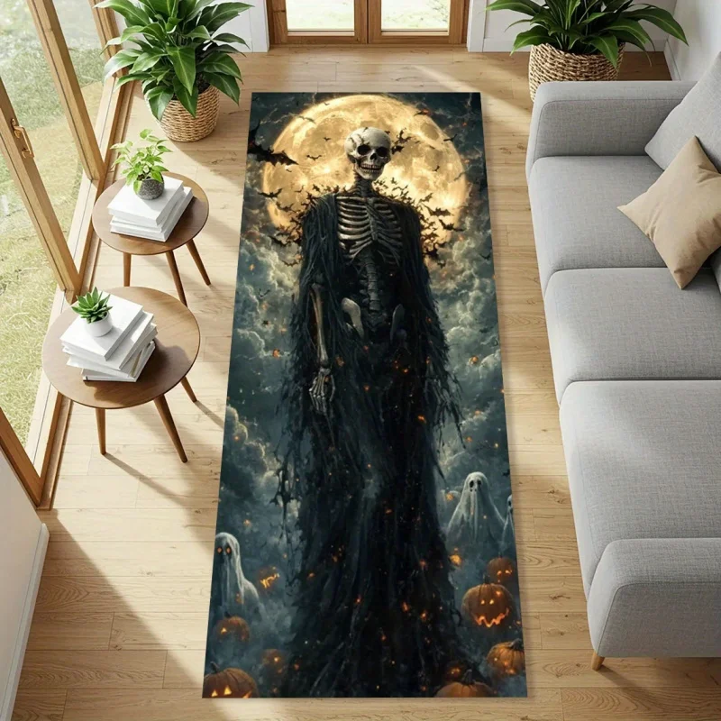 VIKAMA Halloween Skeleton Print Runner Rug Non Slip Soft Living Room Carpet for Entryway Bedroom Spooky Gothic Home Decor Mat