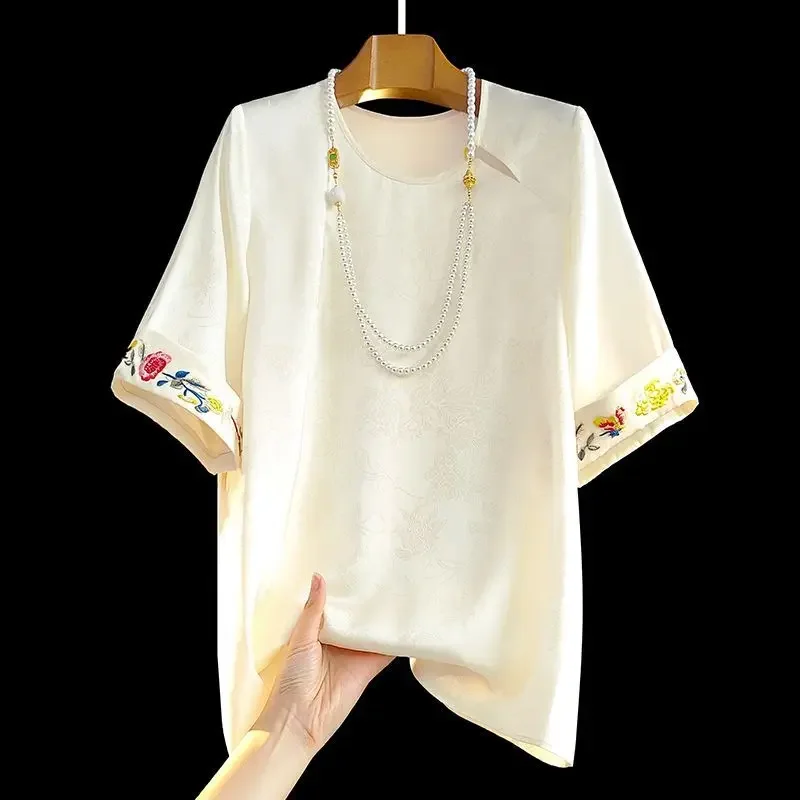 

Атласные женские блузки в китайском стиле, корейские рубашки, модная свободная летняя винтажная одежда, женские топы с короткими рукавами и вышивкой