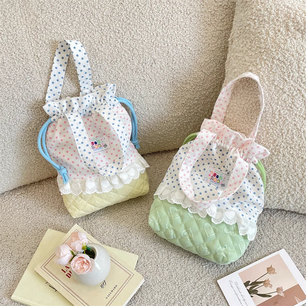 Polka Dot Lace Patchwork Drawstring Makeup Bag, Quilted Contrast Color Cosmetic Pouch for Women, Portable Travel Organizer