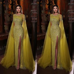 Exquisite Sequined Beading Prom Dresses O Neck High Split Mermaid Evening Gowns Cape Sleeves Customized Robe De Soirée