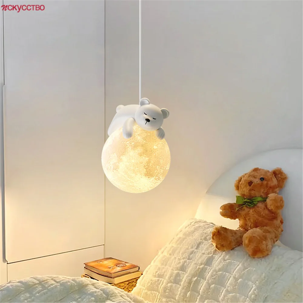 

Nordic Kids Bear Resin Moon Rabbit Led Pendant Lights Girls Bedroom Cartoon Decoration Dining Table Suspension Luminaire Lamp