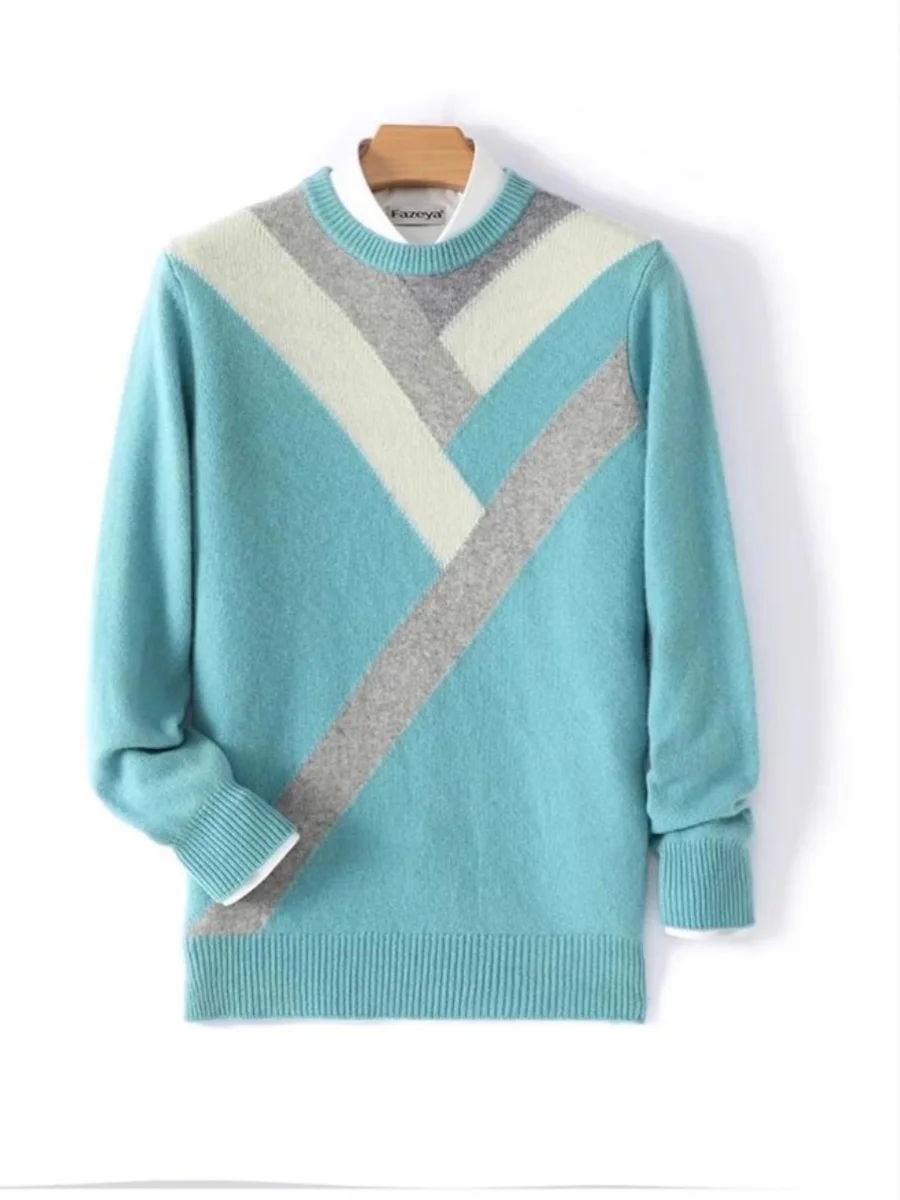 

Весенний новый мужской свитер из шерсти с круглым вырезом, в стиле колор-блок, свободного кроя, повседневный, больших размеров, вязаный, базовый слой