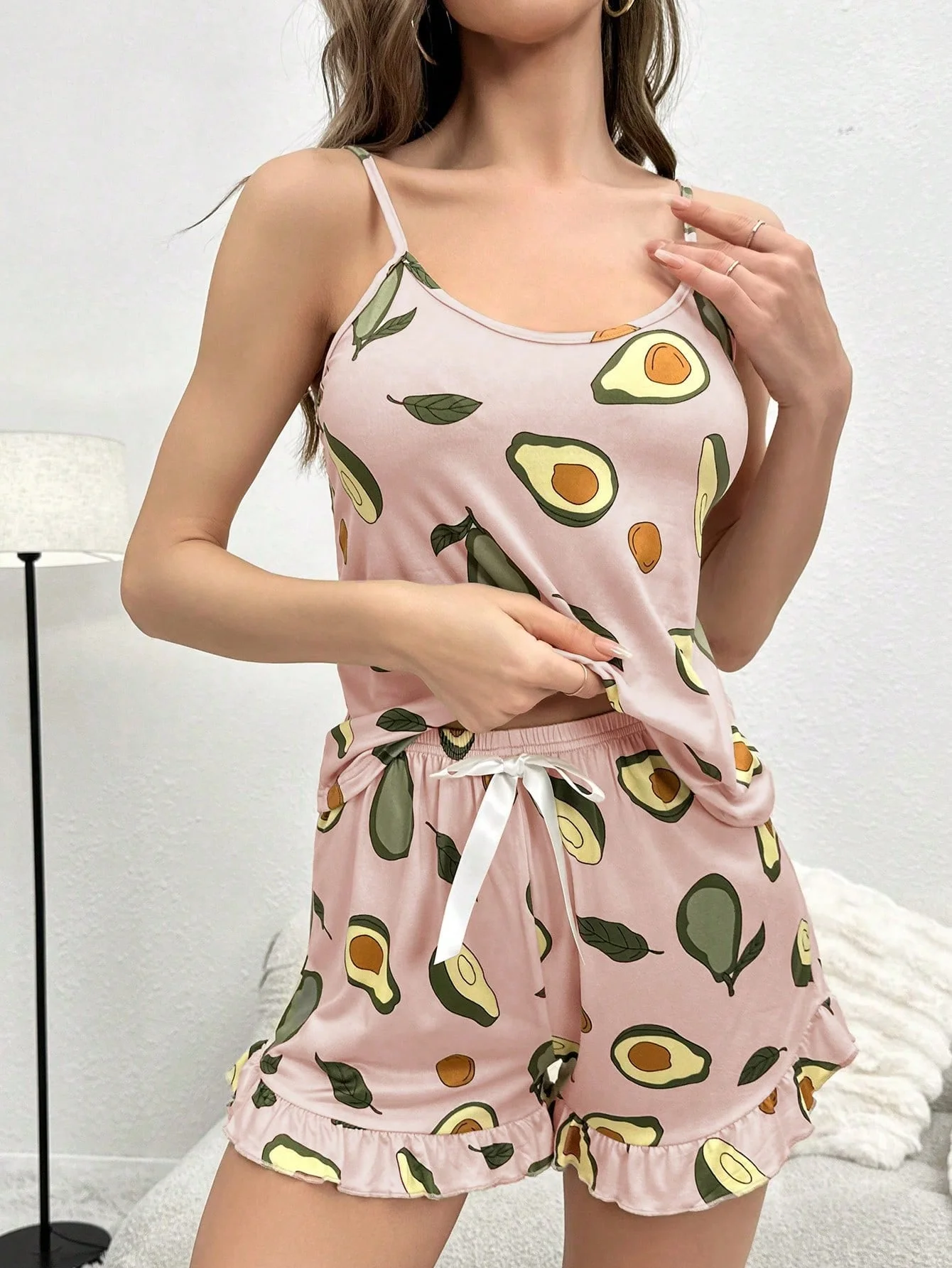 Four-piece Women\'s New style pajama set Avocado print halter top pleated hem shorts Casual loungewear