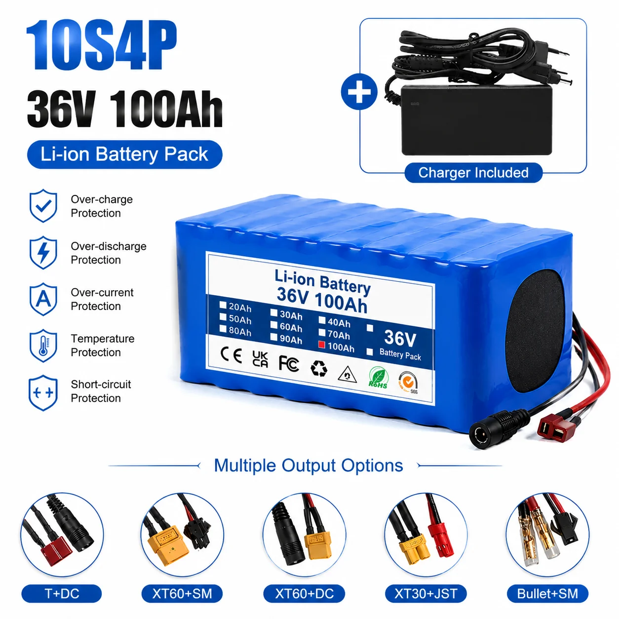 Ersatzakku für XT60 XT30 36V 100Ah 10S4P Lithium-Ionen-Rollstuhlbatterie mit BMS
