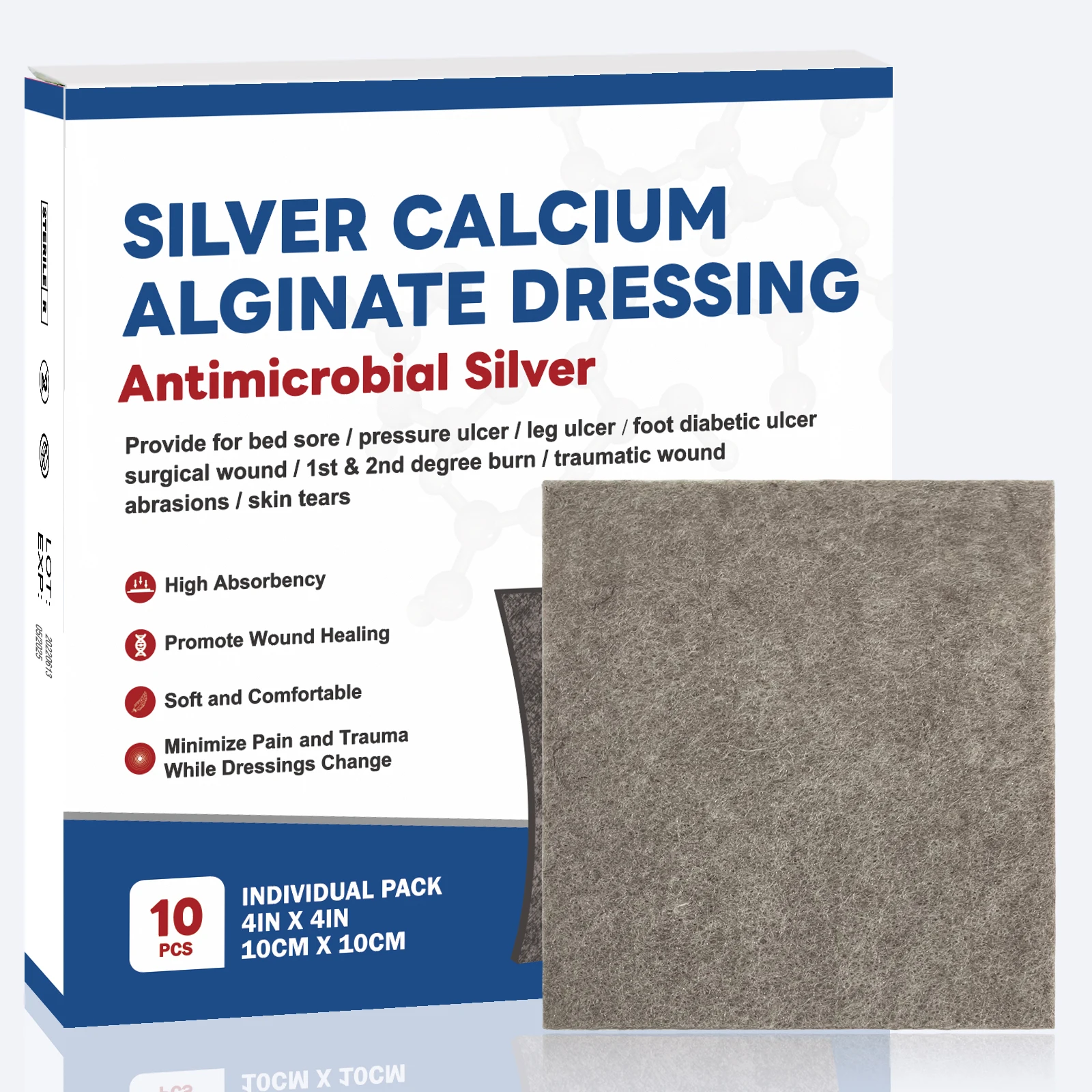 2/3/4in 5/10pcs Ag Silver Calcium Alginate Wound Dressing Pads Soft Silver Highly Absorbent Dressings for Wound Care